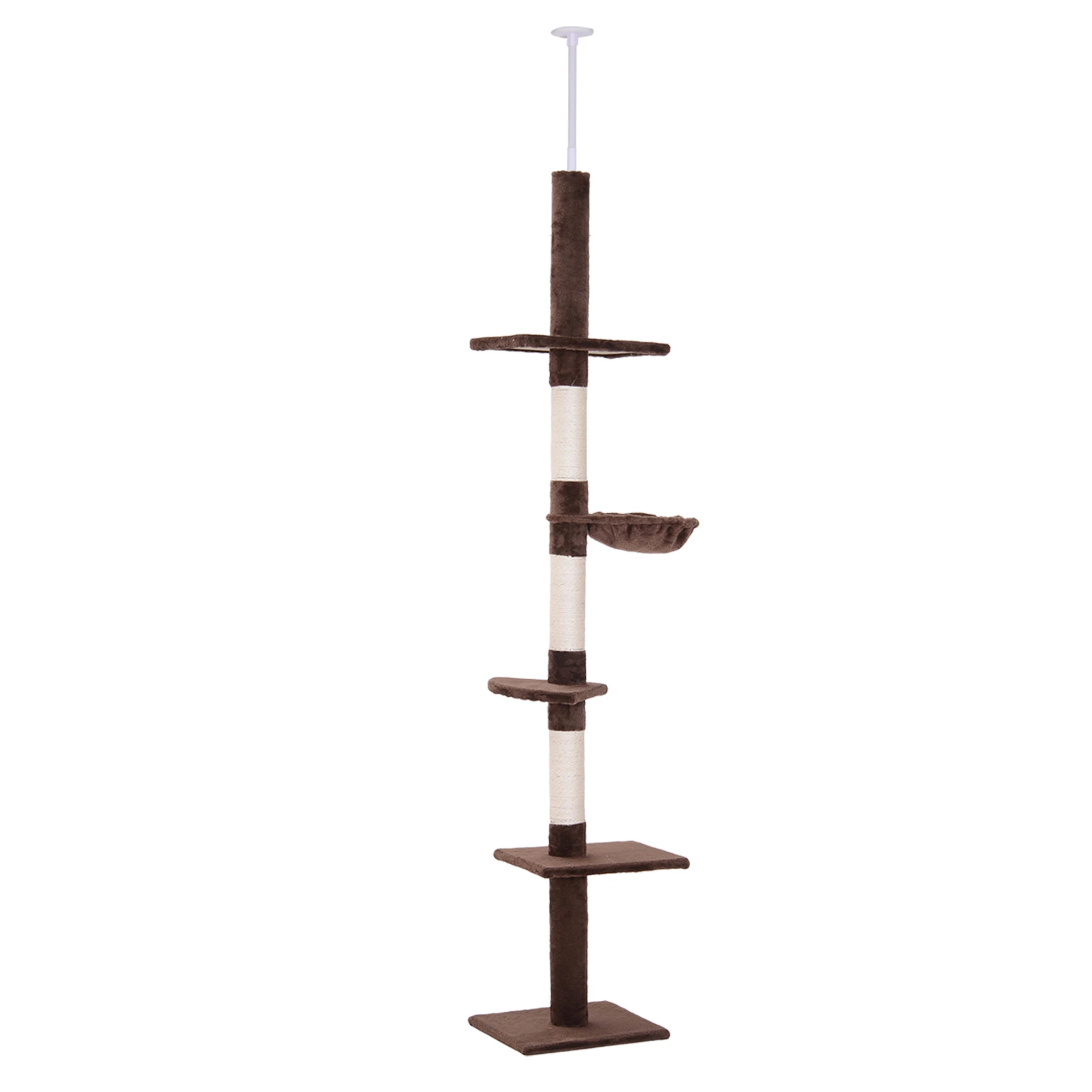 PawHut kattenboom van vloer tot plafond, krabpaal L40 x L 34 x H-cm 260, 5 niveaus, bruin, activiteiten