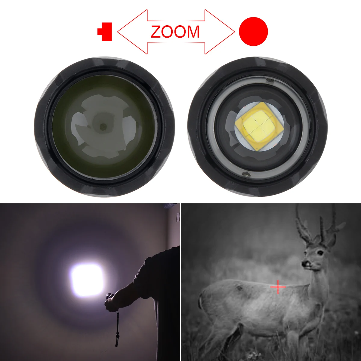 Zoomable 3000 Lumen Recarregável Lanterna LED, Caça, Camping, Micro Carregamento USB, 7 Modos de Luz, Tocha