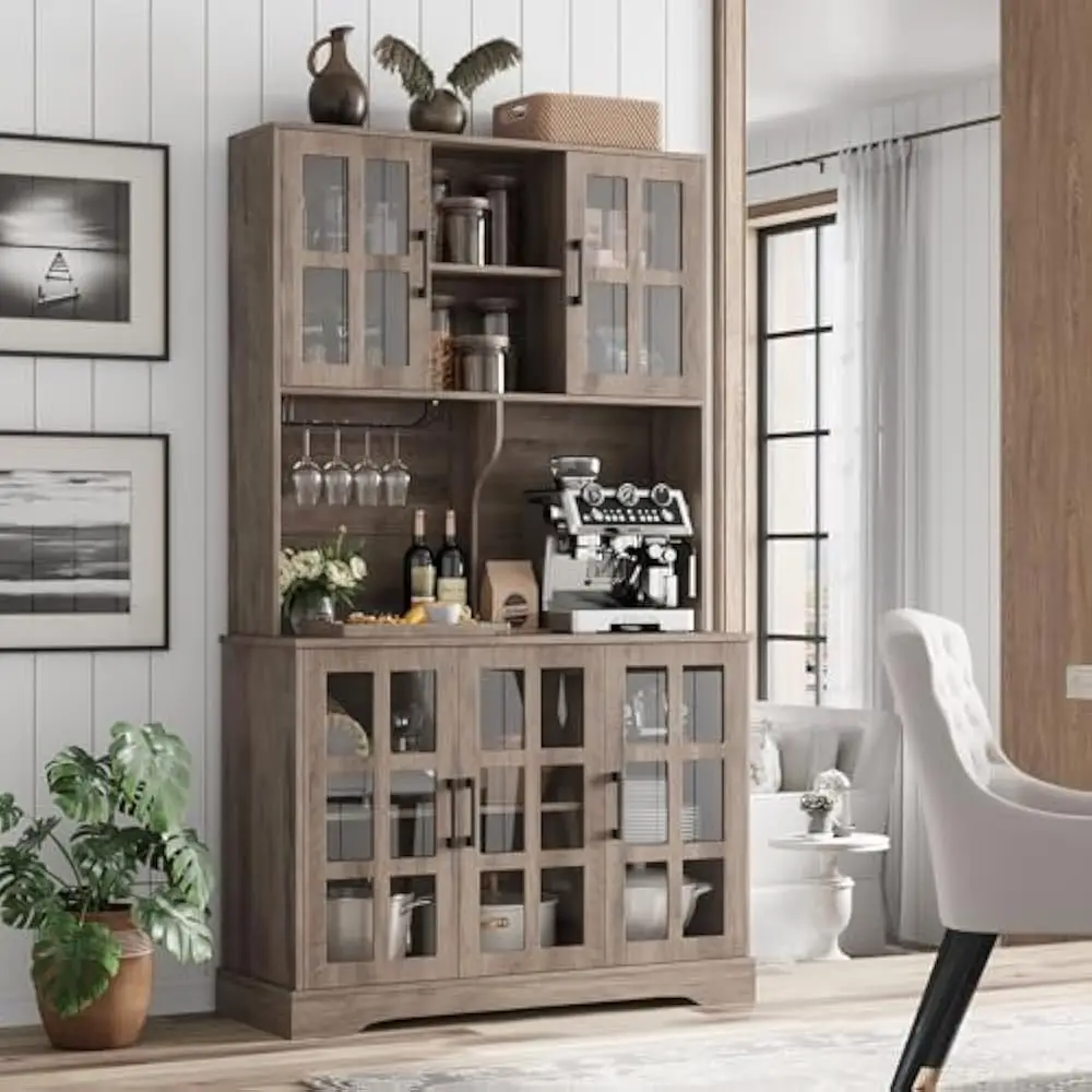 

Kitchen Pantry Cabinet 71" Tall Freestanding Pantry Cabinets, Farmhouse Glass Door Buffet with Oven Countertop, Large Wood Hutch