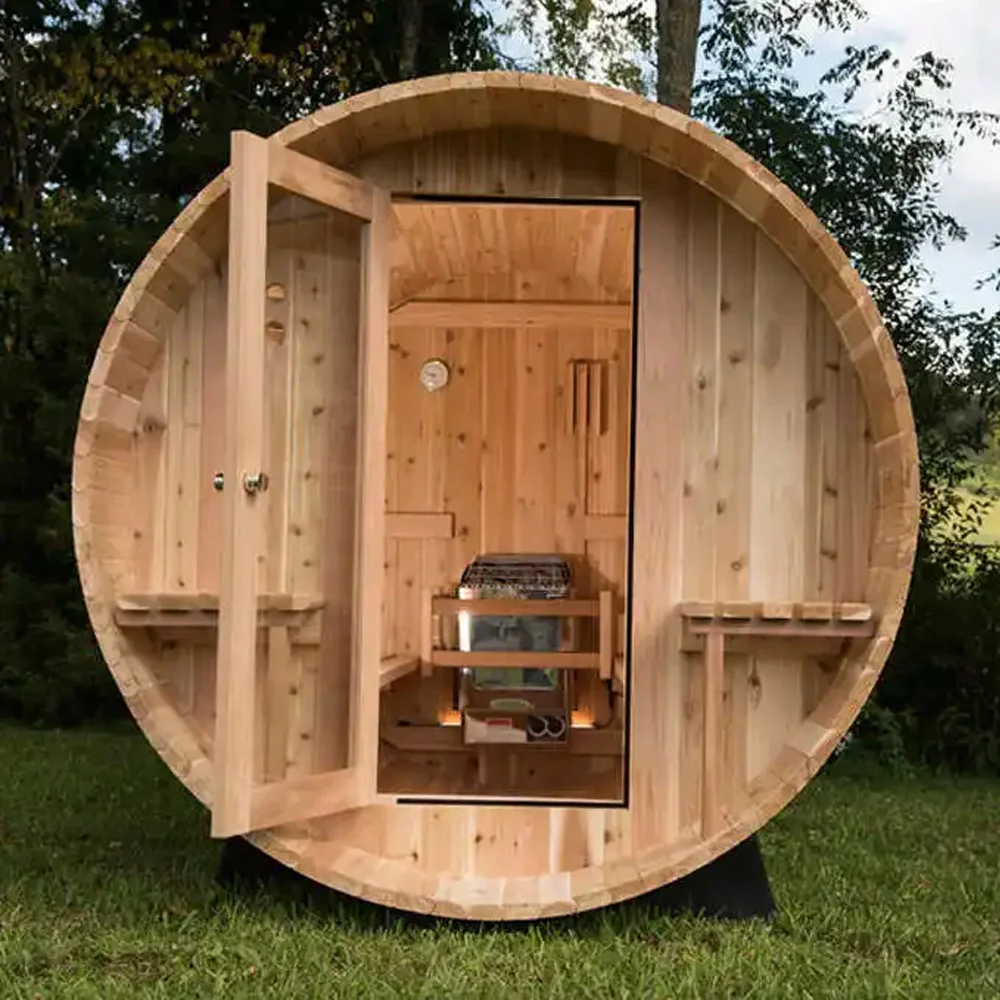 Outdoor SaunaWholesale Outdoor 4-6 Person Canada Hemlock Sauna Dry Wet Steam Barrel Sauna
