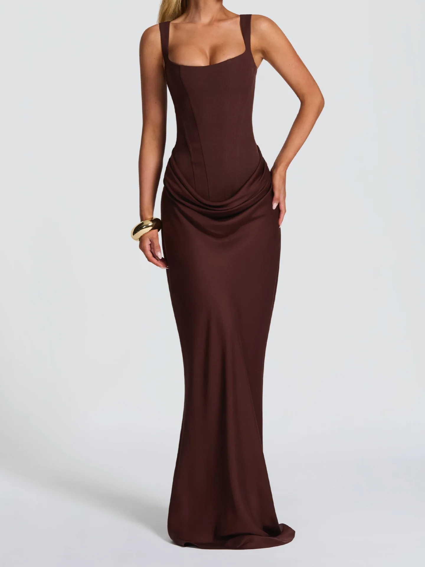 Sexy Fishbone Slim-Fit Strap Drawstring Long Skirt,Tencel Pleated Suspender Dress Banquet Party Evening Dress