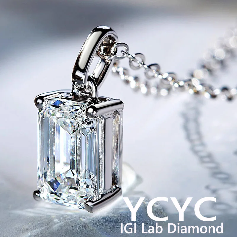 14k Gold White Necklace 1-3Ct Emerald Cut IGI Lab Grown Diamond Dainty Necklace Pendant ﻿