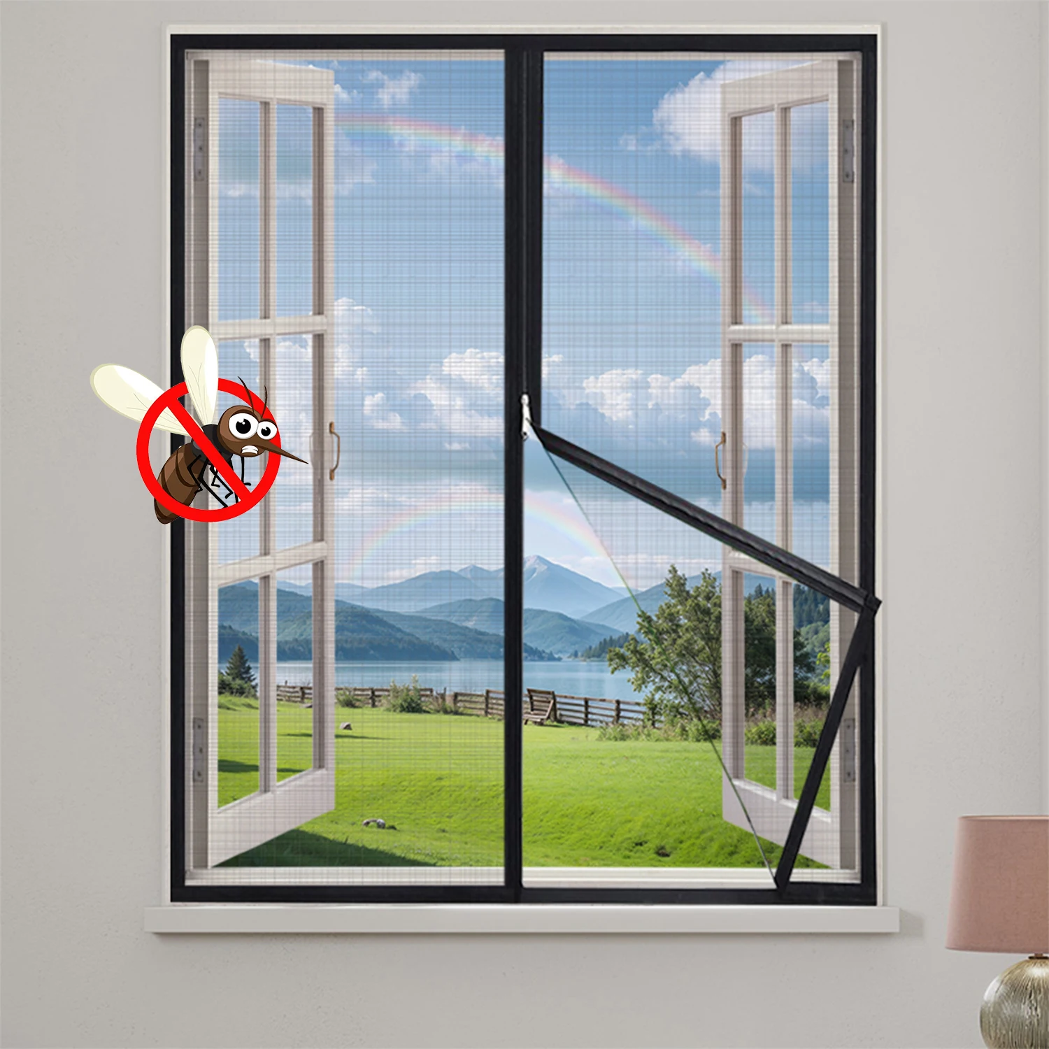 Zippered Mosquito Screen, Household Mosquito Screen, No-Drill Self-Adhesive Easy to Install, Breathable and Translucent, Black