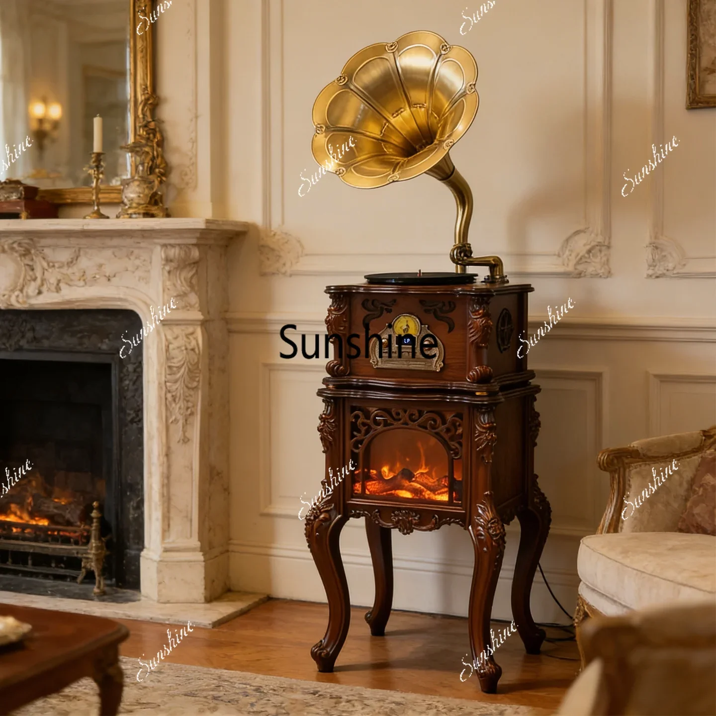 French engraved fireplace gramophone retro vinyl record playerT*