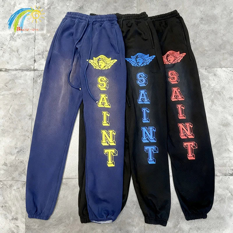 

Crack Angel 3D буквенный логотип с принтом Saint Повседневные брюки Мужчины Женщины Унисекс Повседневные винтажные потертые синие черные спортивные штаны Брюки для бега