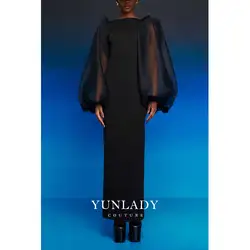 YUNLAN Sexy Lady Back Split Slim Skirt Tulle Perspective Sense Bubble Sleeve Luxury Saudi Arabia Formal Occasions Evening Dress