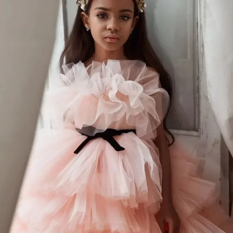 Blush Tiered Flower Girl Dress Exquisite Sleeveless O-Neck Kids Princess Girls Wedding Birthday First Communion Party Dress