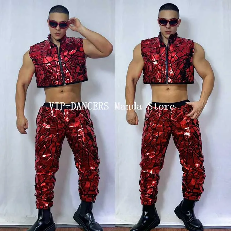 

Red Mirror Dancer Stage Costume Men Jazz Dance Hip Hop Clothing Gogo Nightclub Bar Ds Performance Suit Party Show Outfit VDL1713