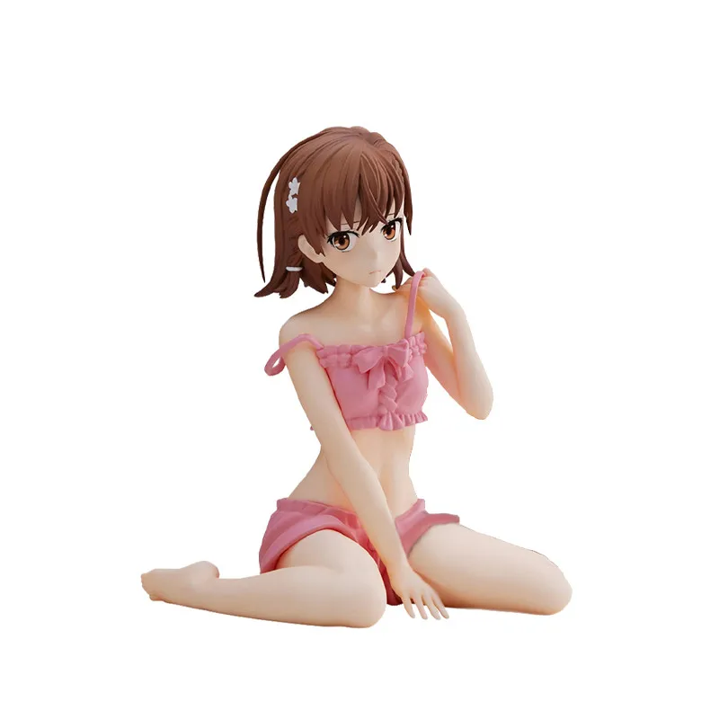 11CM Anime A Certain Scientific Railgun Misaka Mikoto Figure Pink Swimsuit Sitting PVC Model Toys Gift Desktop Oranments