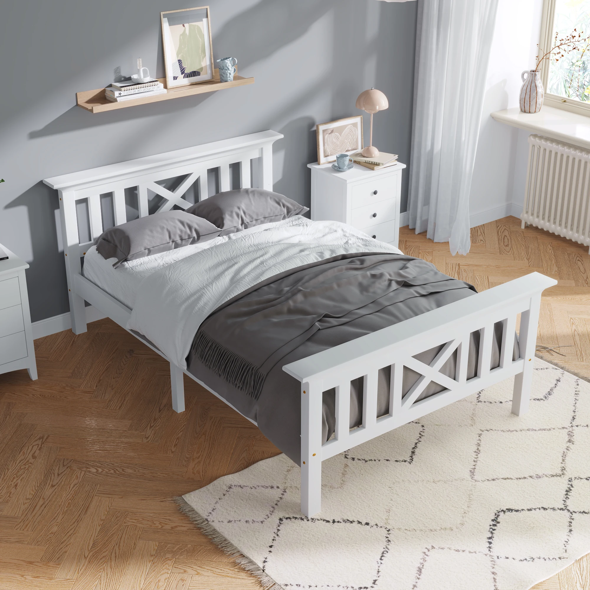 Lit simple 90x200cm - Sommier à lattes - Design moderne - Structure fiable et stable - Blanc