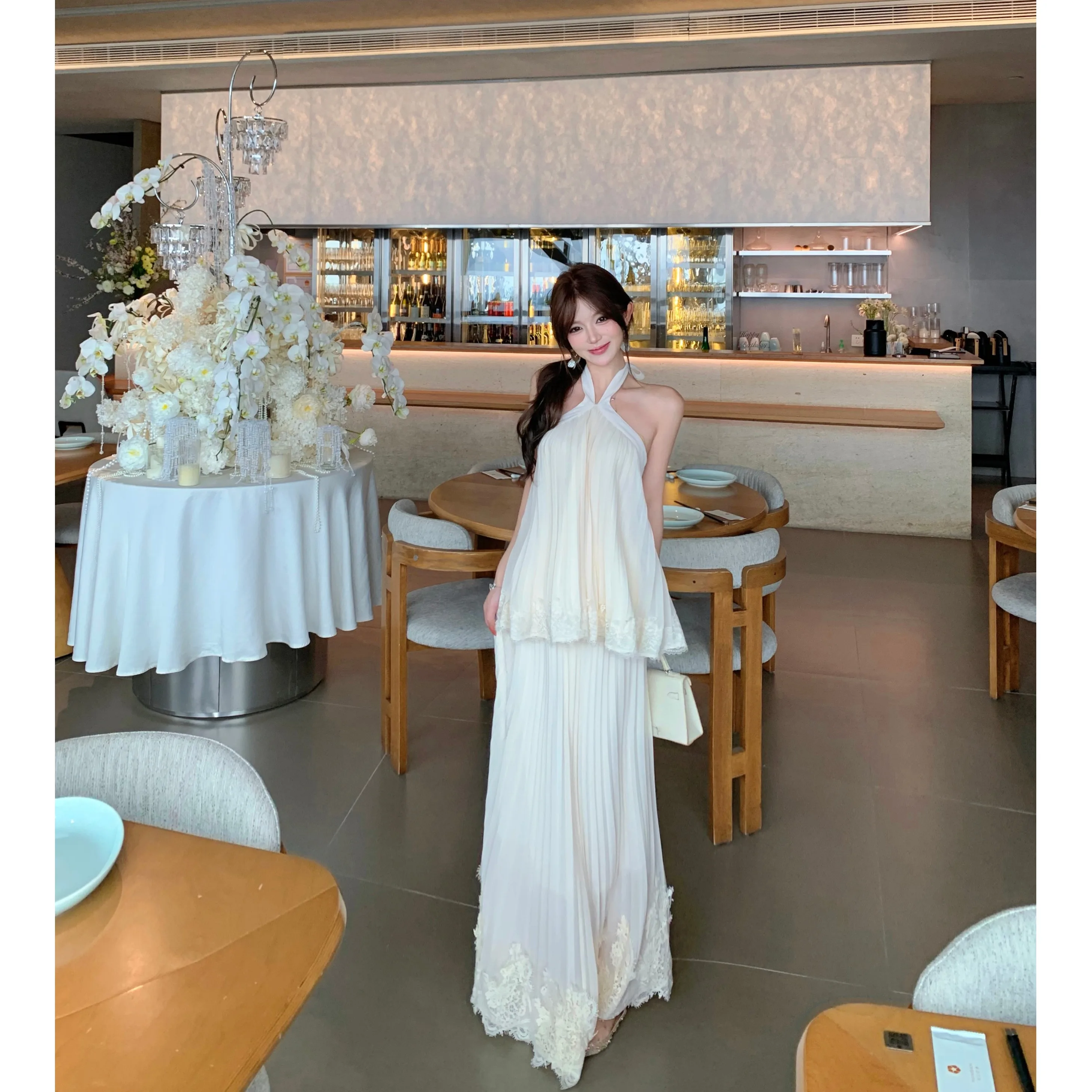 Beach Vacation Heavy Embellished Lace Paneling Halter Top Women's Maxi Skirt Set Photography Gown Loose Fit Summer Dress