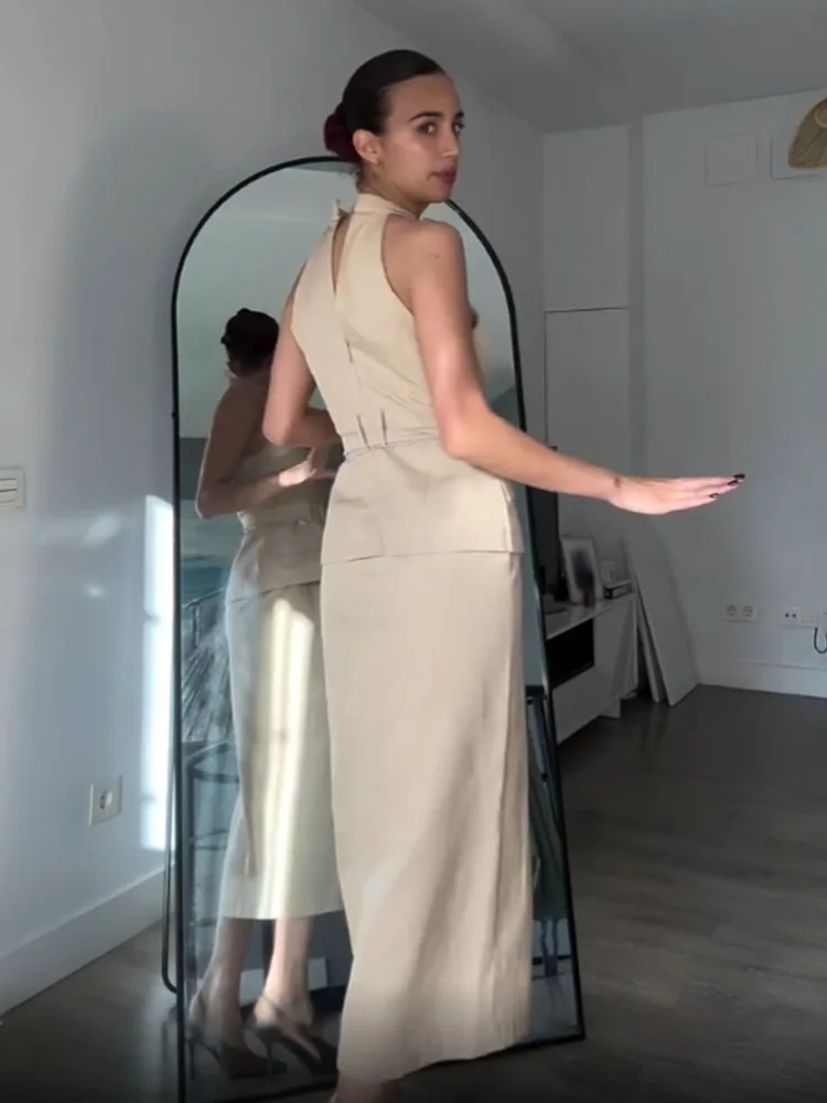 HH Mode Kaki Riem Cross Design Midi-jurk Zomer Damesstraatkleding Slim-fit Kantoorrok Commuter Outfit