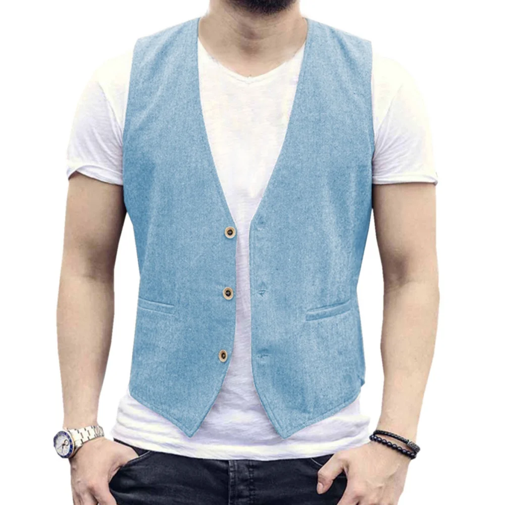 Picture 4: V Neck Men's Linen Vest Single Breasted Vintage Real Pocket Men's Summer Linen Waistcoat For Wedding