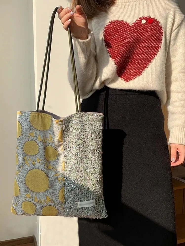 Women's Sunflower Pattern Shopping Bag Sequins Design Canvas Bag Premium Shoulder Tote Bag with Inner Pocket Commuter Handbags