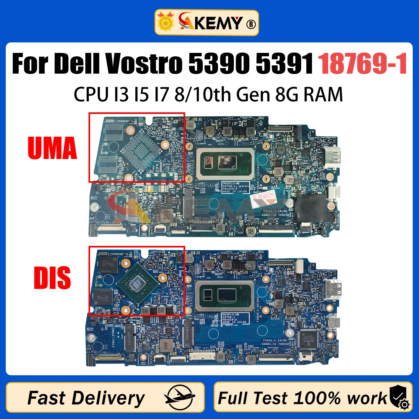 

AKEMY 18769-1 Laptop Motherboard For Dell Vostro 5390 5391 0V61H1 02PKCV 059XGG 027GM Notebook Mainboard I3 I5 I7 8/10th 8G RAM