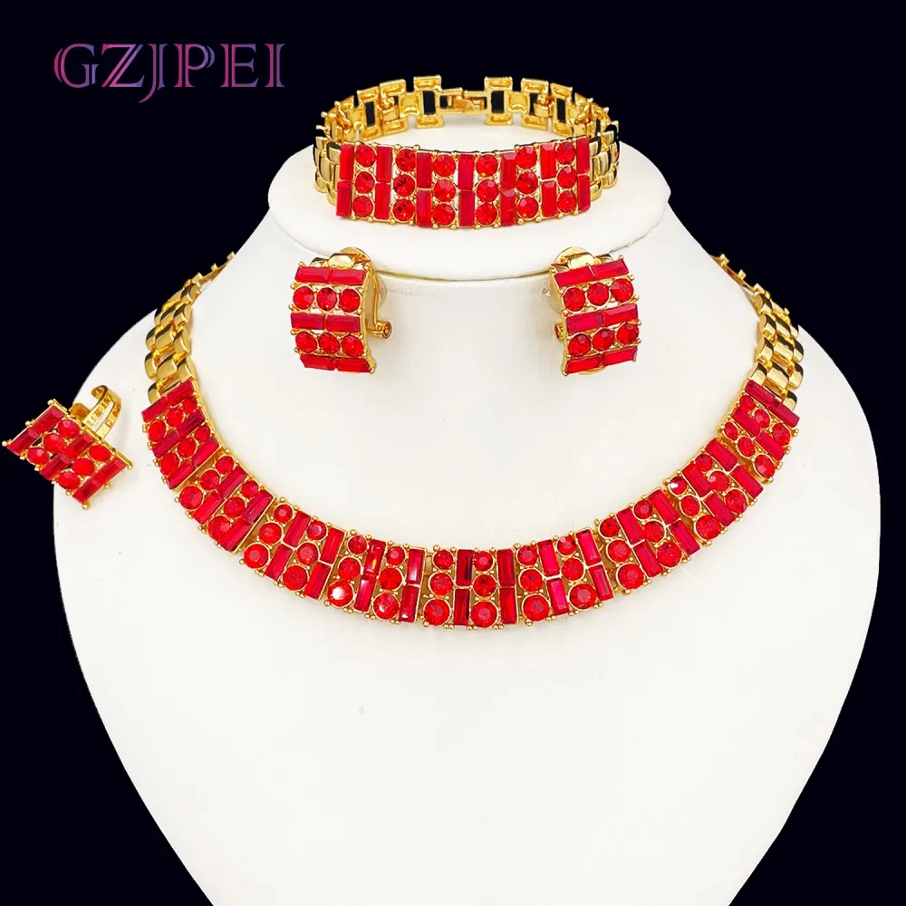 GZJPEI Red Zircon Wedding Jewelry Set Tennis Necklace Bracelets Square Earring Ring Italian Nigeria Women Jewellery 2025 New