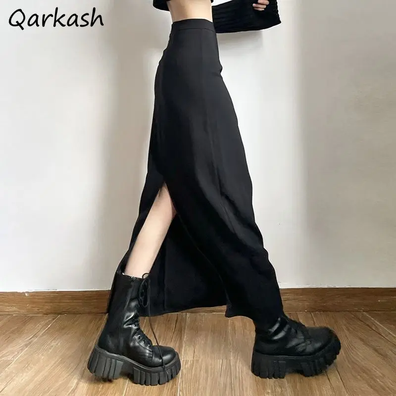 Black Long Skirts Women Elegant Office Lady Chic Leisure High Waist Back-slit Cool Personality Fashionable Autumn Mature Faldas