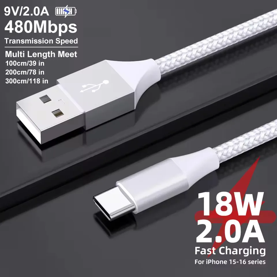 USB C Cable 2A Fast Charging Type C Data Wire for iPhone 15 16 Samsung Galaxy S24 S24 Plus Note20 Xiaomi Charging Cord 1M 2M 3M