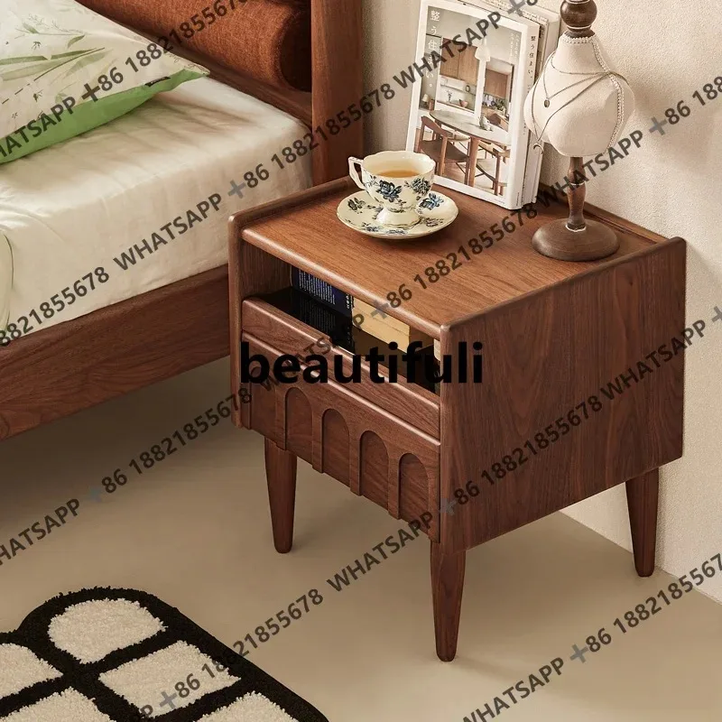 Solid wood bedside table, retro black walnut, bedroom storage side cabinet