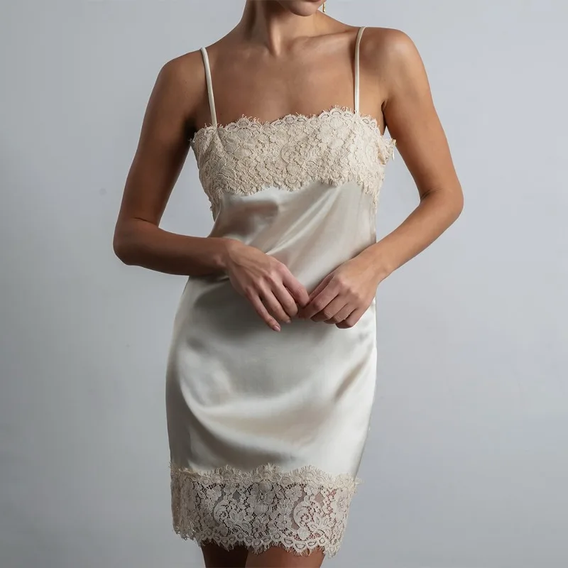 

2026 Summer Lace Suspender Dress Temperament Sexy Lace Satin Skirt