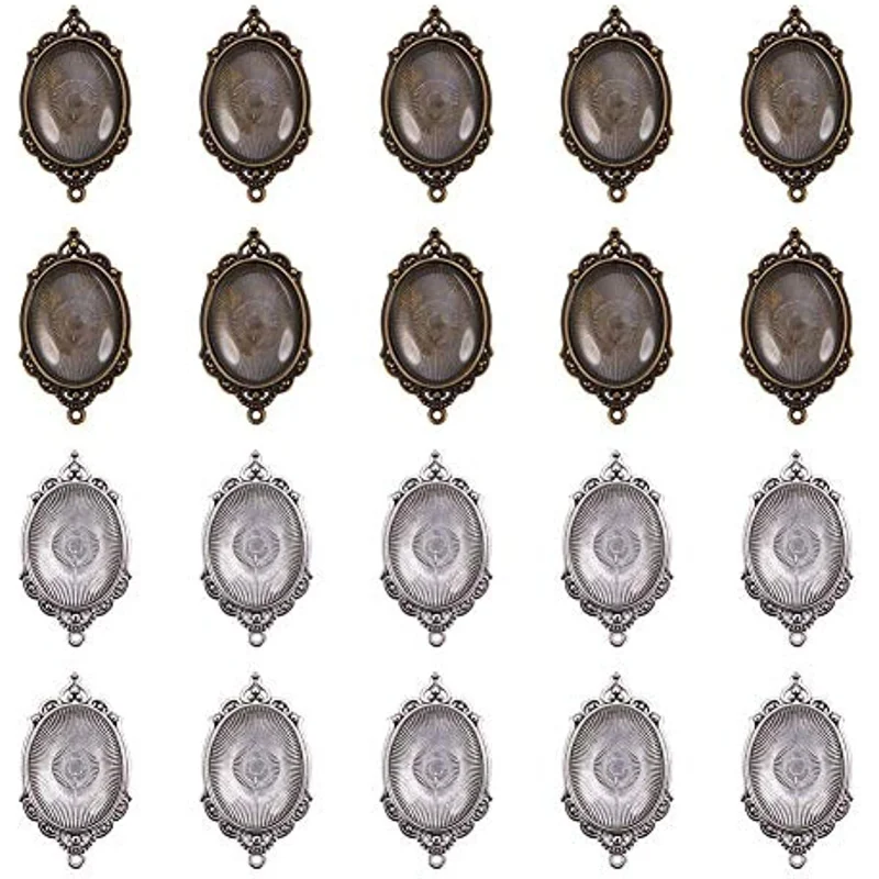 

20 Pcs 1.57"x1.18" Oval Fancy Tibetan Style Alloy Pendant Cabochon Setting Trays and 20 Pcs Matching Transparent Glass Cabochons