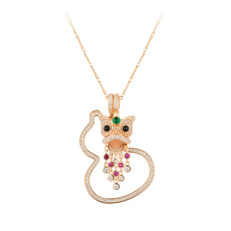 

BELLUX Pendant Chain 925 Silver Synthetic Zircon Champagne Gold Full Diamond Gourd Chinese Lion Awakening Necklace