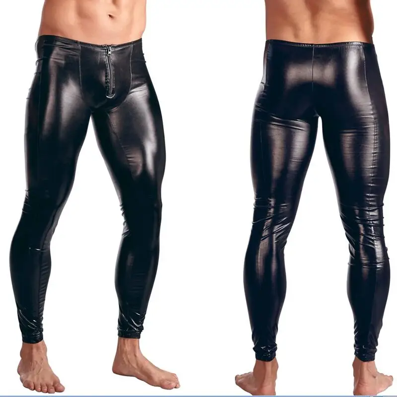 High Elastic Mens Black Faux Leather Latex Pencil Leggings Wetlook Bondage Pants Gay Male Fashion Tight Boxer Underwear XS-XXL