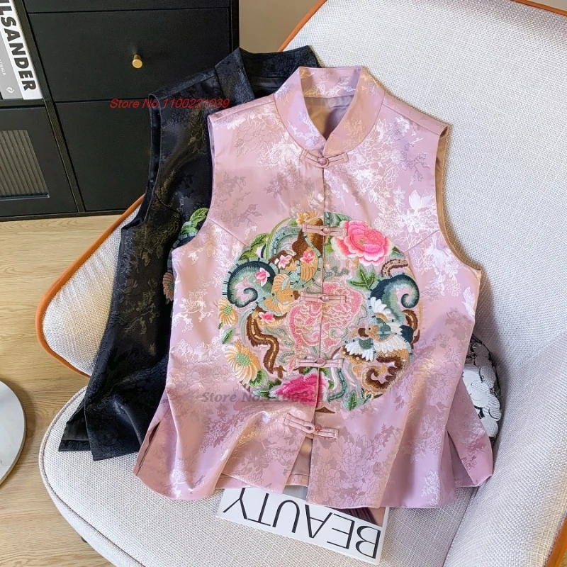 

2025 китайский винтажный жилет, куртка без рукавов, этнический жилет, традиционный жилет с цветочной вышивкой, атласный жаккардовый жилет с воротником-стойкой