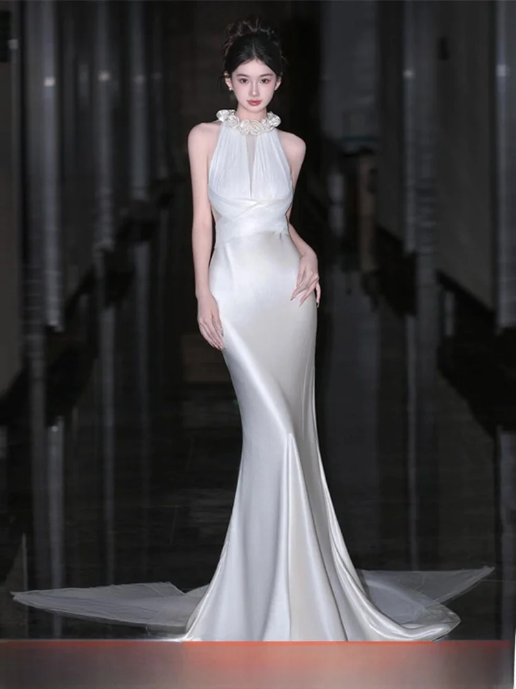 

Свадебное платье Ele Fi Tail из мягкого атласа с дизайном на шее, идеально для невесты, подходит для мероприятий в отелях и закрытых помещениях, белое.