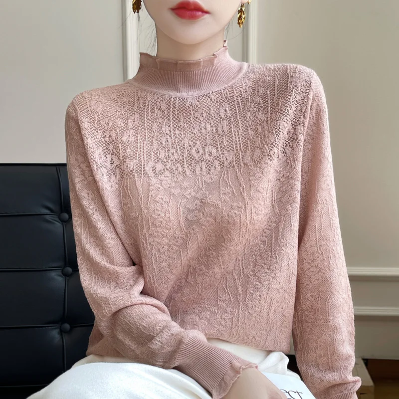 2025 French Autumn Winter Knitted Sweater mesh high Collar slim lace retro T Shirt transparent bottom blouse hollow outfit