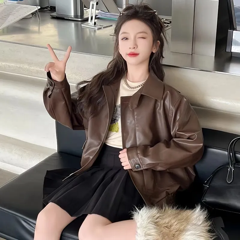 New Spring Child Faux Leather Jacket for Girls Luxury Brown PU Jacket Coat For Teens Clothing Age 5 6 7 8 9 10 11 12 13 14 Years #4