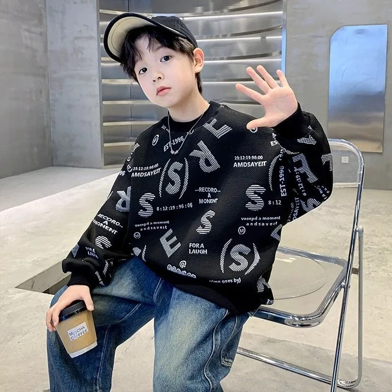 Trendy Printed Boys Sweatshirts Hoodies Autumn Graffiti Long Sleeved T-shirt Cotton Sportswear Kids Clothes O Neck Top 6 7 8 9