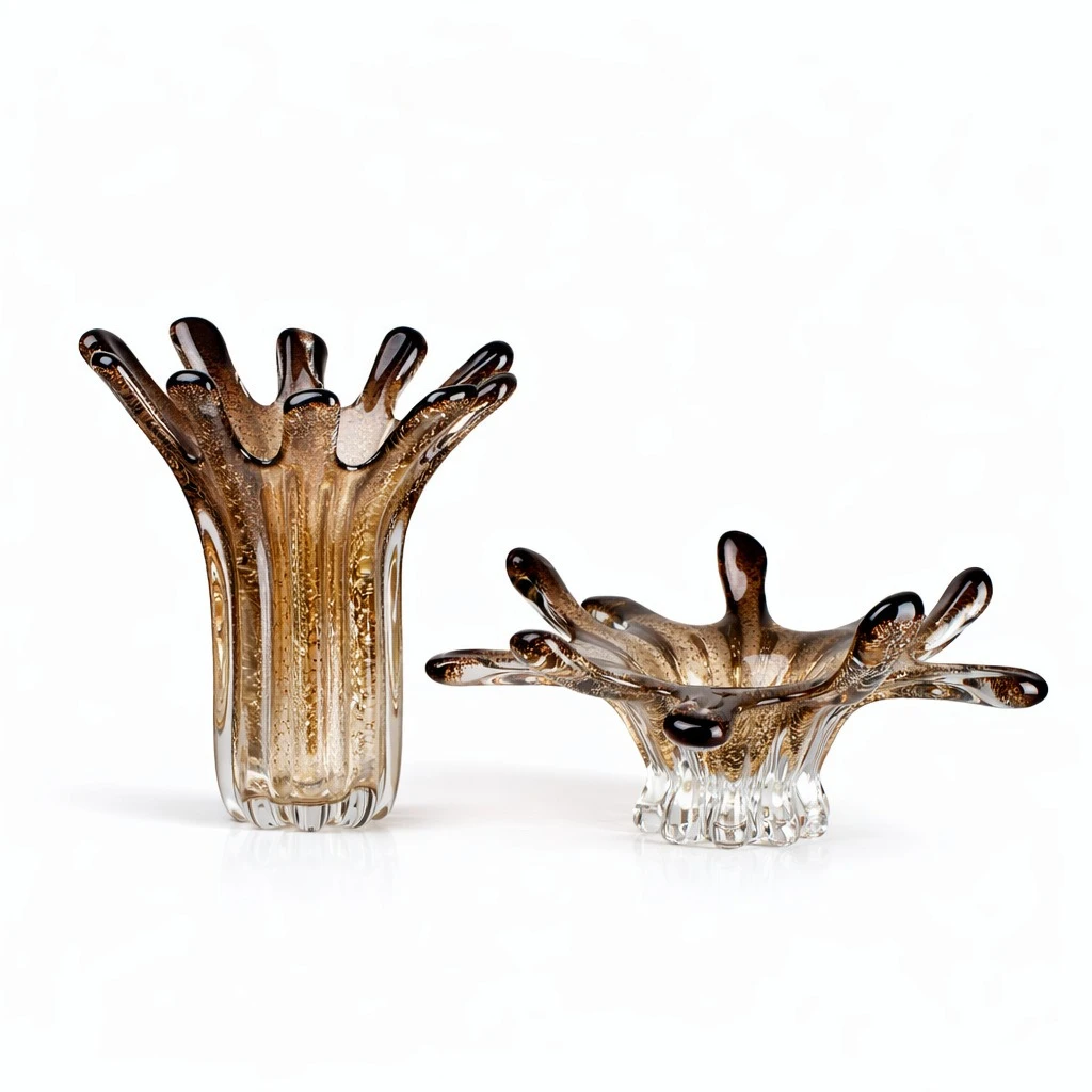 Modern versatile brown open glass vase fruit plate combination set, home black dining table decoration storage