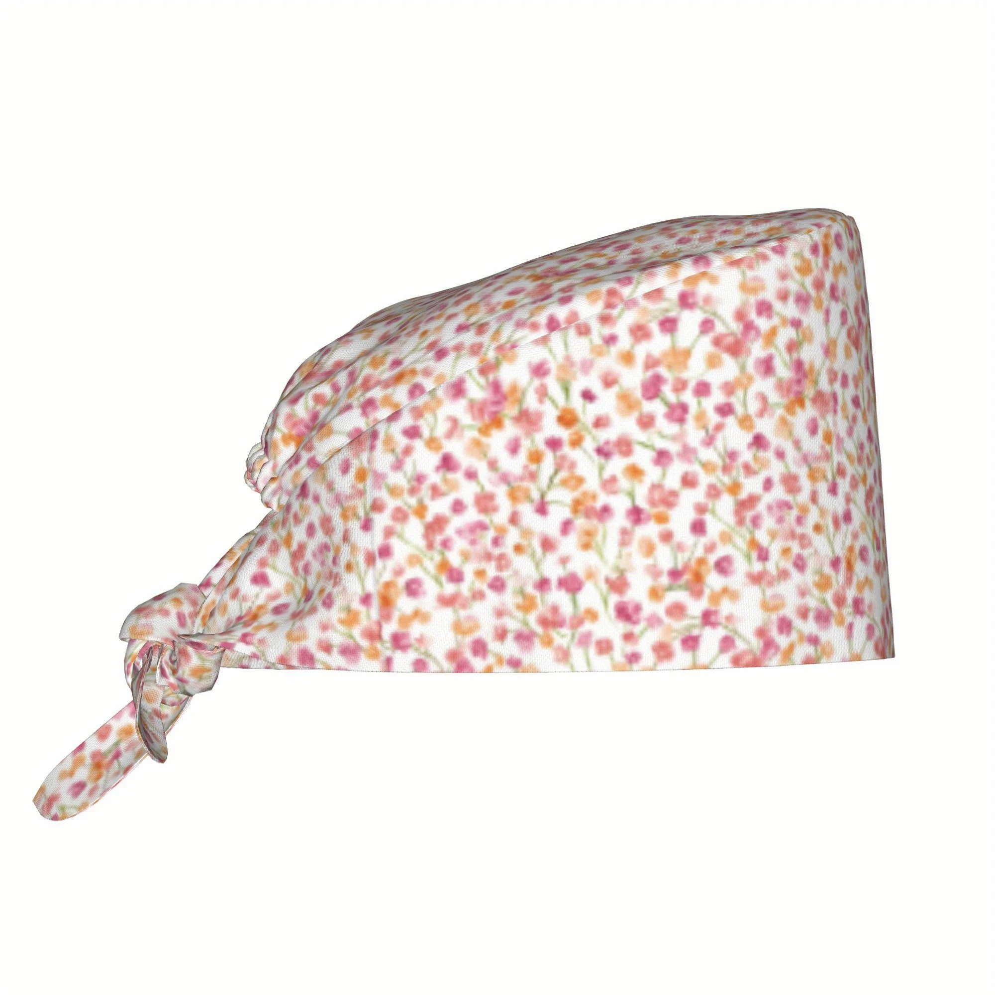1pc Floral Flower Women's Stylish Printed Work Cap Lightweight Adjustable Skull Cap Tie-Back Nurse Hat Dustproof Chef Cooking