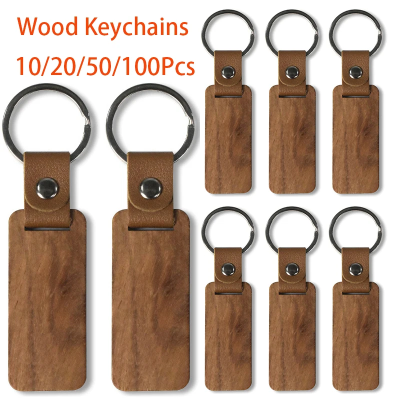 10/20/50/100Pcs Wood Blanks Key Ring Tag Keyring Leather Key holder Chain Wooden Keychain For Business Gift