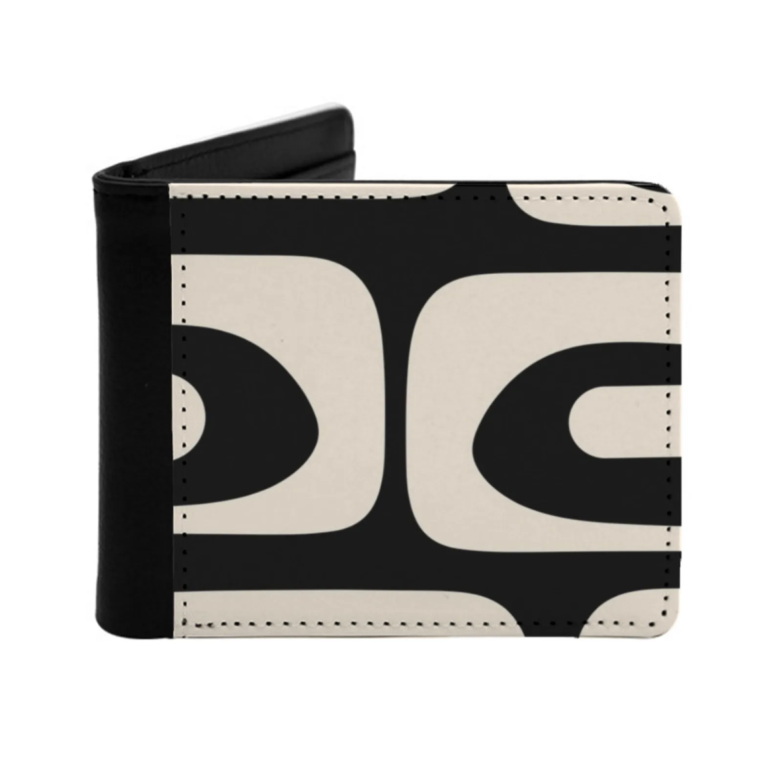 Mid Century Modern Piquet Abstract Pattern Black And Almond Cream Short Men's Wallet Multifunction Purse Male Pu Leather Wallet