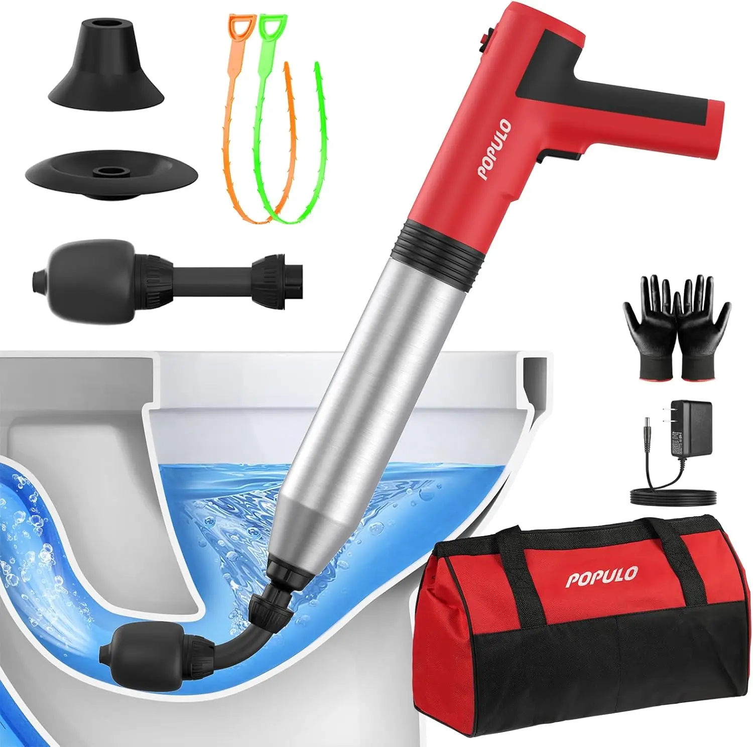 

Electric Toilet Plunger with High Pressure Drain Unclogger for Bathroom, Shower, and Sink - Heavy Duty Home Tool