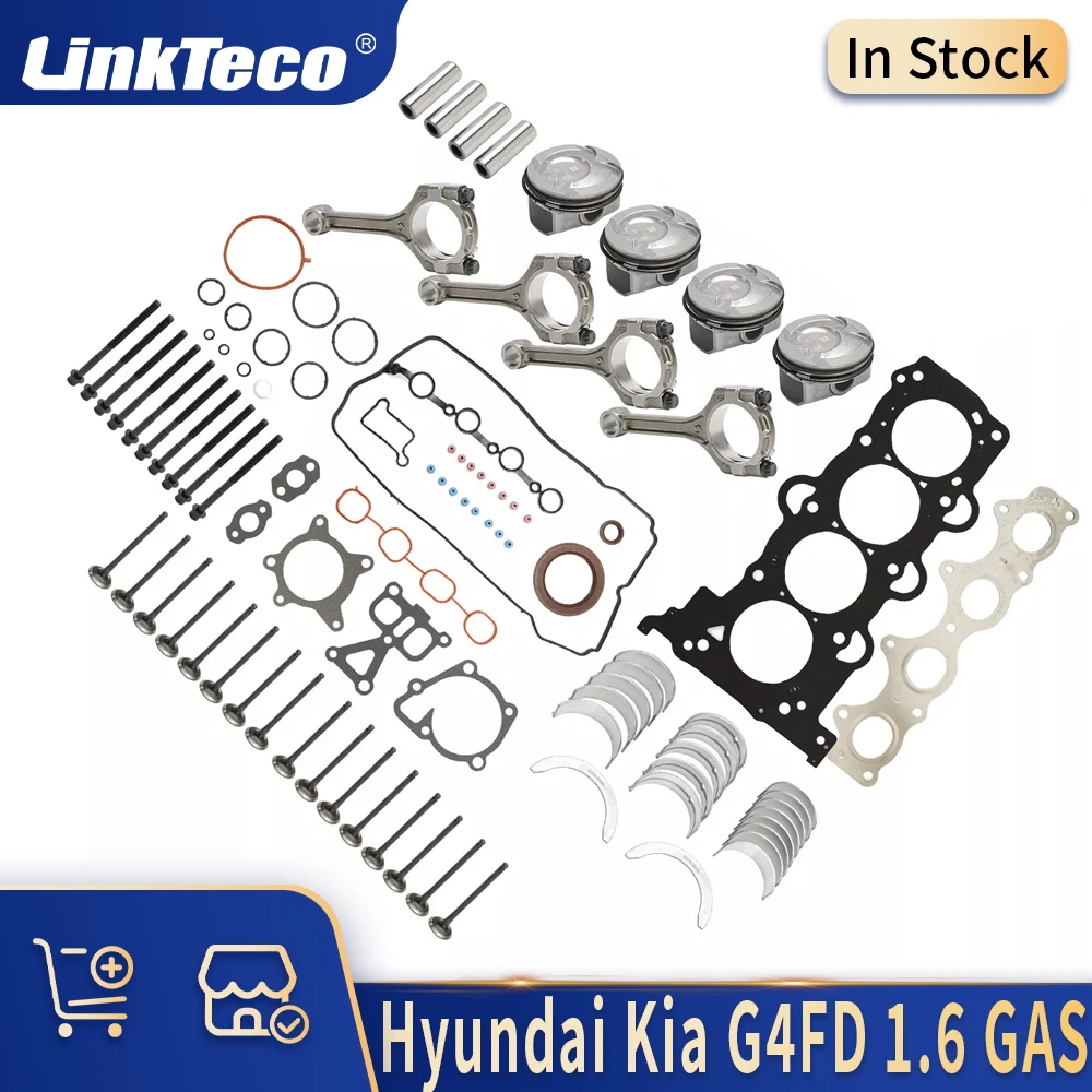 Engine Parts 4x Piston & Con-rods 16x Valve w- Cylinder Head Gasket Set Bolt Kit 1.6 L Gas G4FD For Dodge Hyundai Kia 1.6L