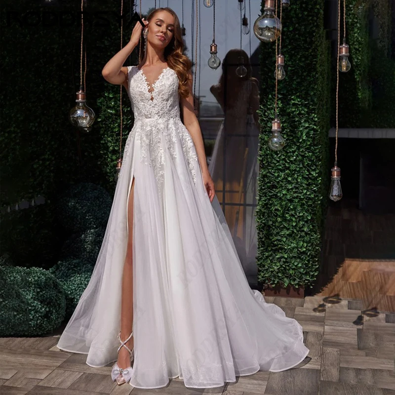 

RODDRSYA Elegant V-Neck High Split Wedding Dress Illusion Button Back Robe De Mariée Soft Tulle Spaghetti Straps Bride Party