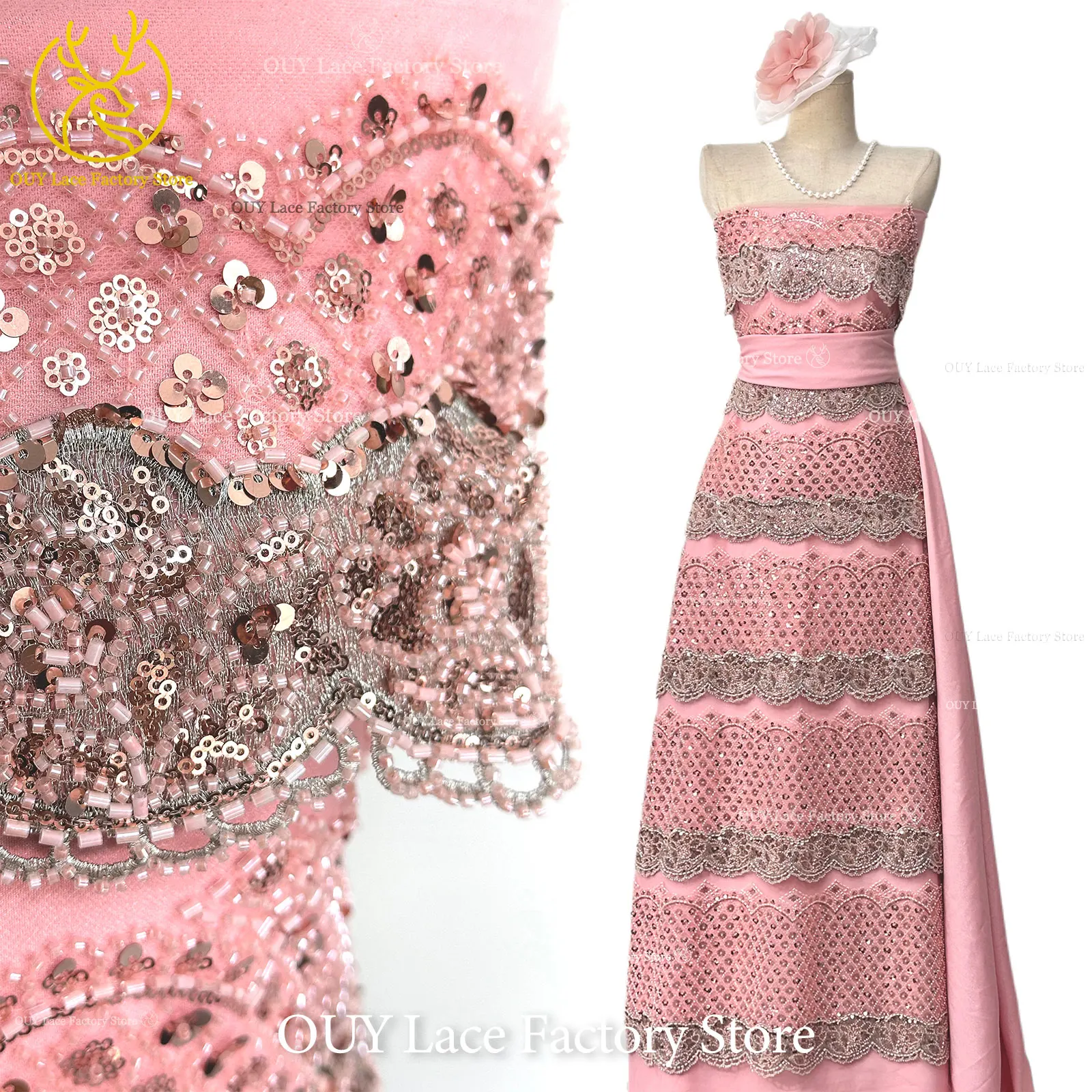Pink 3D Groom Embroidery Lace Luxury French Sequins Lace Fabric 2026 African Nigerian Beaded Lace Fabric Wedding Dress Sewing