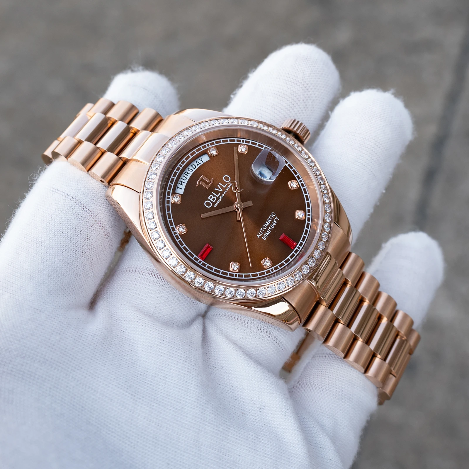 OBLVLO Men's Luxury Brown Dial Rose Gold Bracelet Automatic Watch Date Diamond Waterproof Mechanical Watches with Day RX-DD-D