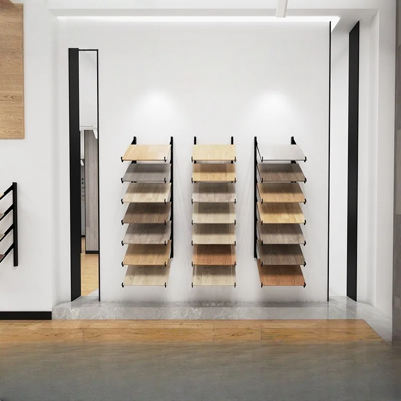 Modern Style Foldable Eco-friendly Wood & Iron Glass Flooring Display Rack Factory Supplied Retail Showroom Sample Stand