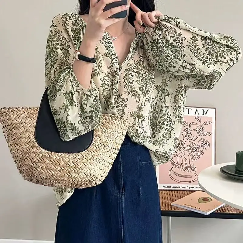 

Spring Summer Floral Chiffon Blouse Slimming Lantern Sleeve Sun Protection Top
