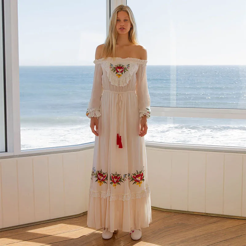 High End Off The Shoulder Flare Mouw Maxi Boho Vrouwen Lente Zomer Wit Borduurwerk Kwastje Casual Feest Vakantie Jurken