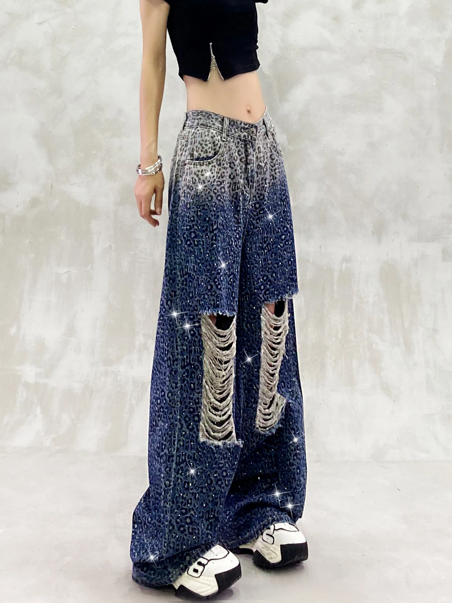 

High Street Gradient Leopard Hot Drilling Hole Denim Trousers All-match High Waist Straight Jeans Spring Summer Casual Pants