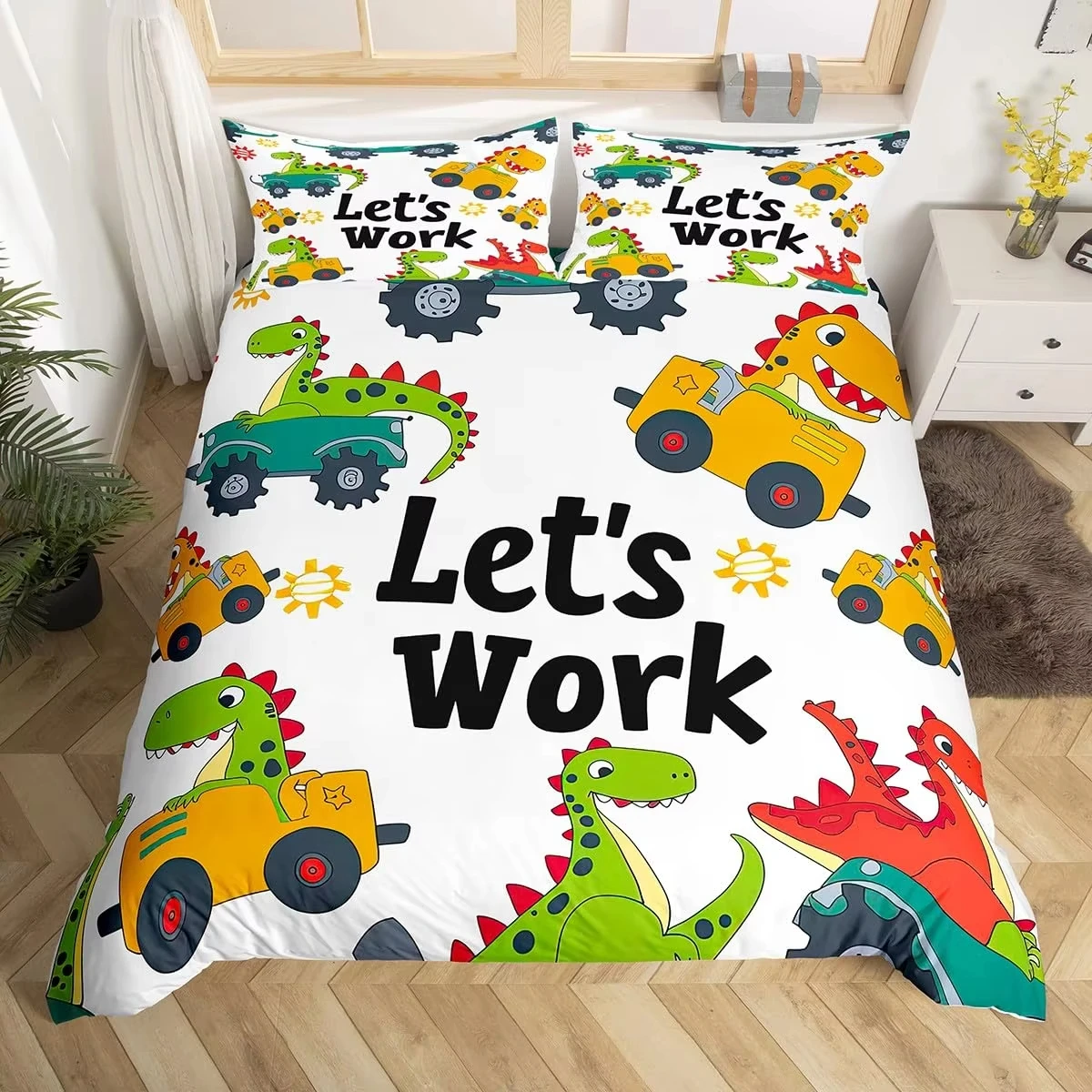 Excavator Dinosaur Duvet Cover Construction Vehicles Bedding Set Equipment Trucks Comforter Cover Twin Queen King Quilt Cover