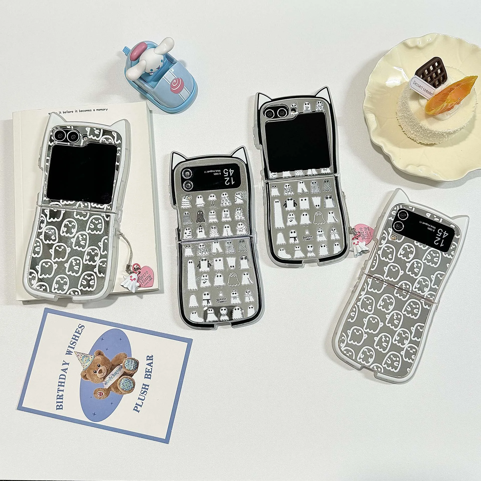 

Забавный складной чехол для телефона на Хэллоуин для Samsung Galaxy zflip5 Z Flip3 zflip4 5 Flip7 6, флип-мультяшный призрак, зеркало, подвеска с кошачьими ушками