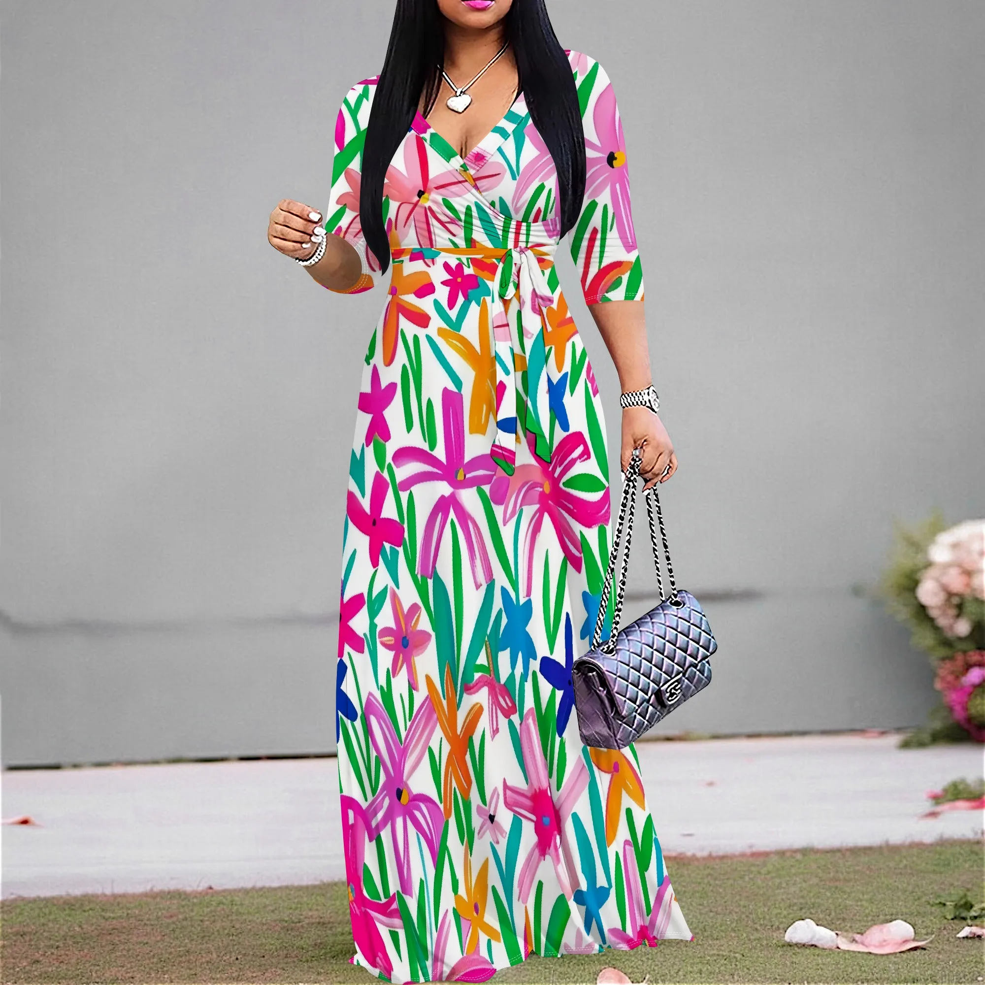 

Womens Summer Loose Boho Flowy Wrap Maxi Dress V Neck 3/4 Sleeve Neon Flowers Graphics Print Beach Long Dresses