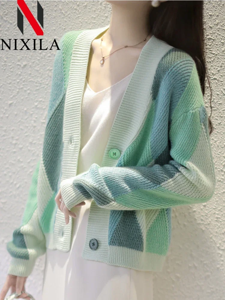 New In Winter Autumn Women\'s Knitted Cardigan Jacquard V-neck Sweater Loose Fashion Color Matching Short Coat Long Sleeved Tops