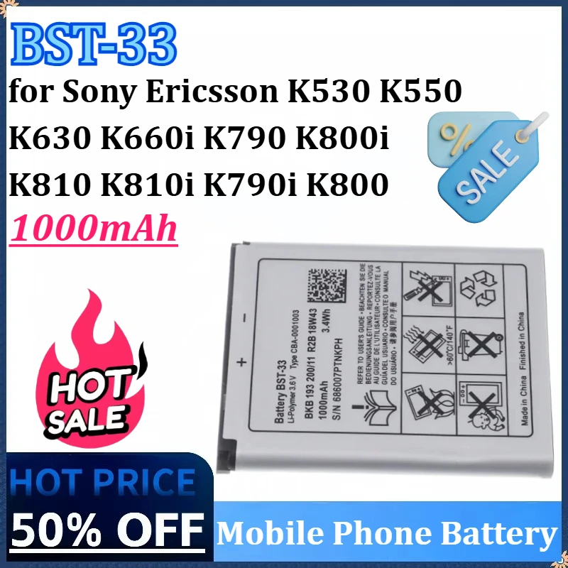 

3,6 В 1000 мАч BST-33 для Sony Ericsson K530 K550 K630 K660i K790 K800i K810 K810i K790i K800 Высококачественная батарея для мобильного телефона